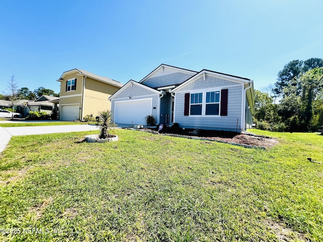 view of front of home with concrete driveway, an attached garage, and a front lawn