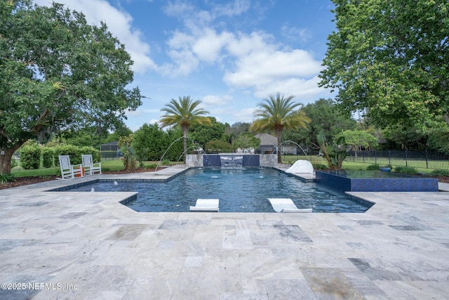 view of pool with a patio, a fenced in pool, and fence