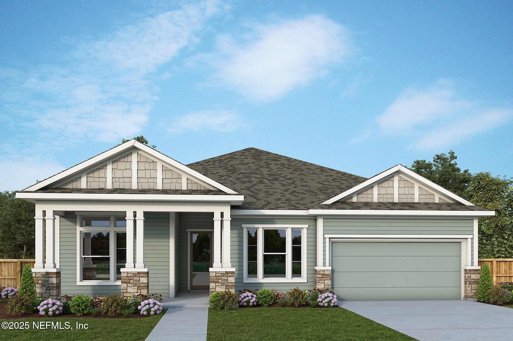 craftsman house featuring covered porch, stone siding, concrete driveway, an attached garage, and fence
