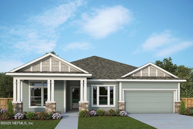 craftsman house featuring covered porch, stone siding, concrete driveway, an attached garage, and fence
