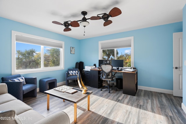 home office featuring a wealth of natural light, ceiling fan, and wood finished floors