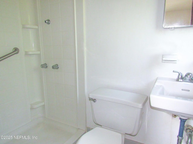 bathroom featuring toilet, a sink, and a stall shower