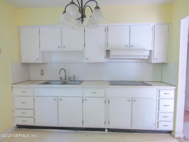 kitchen featuring a sink, ventilation hood, and white cabinets