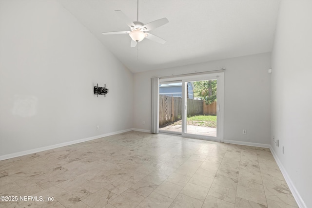 1616 1st St, Neptune Beach, FL 32266 - empty room with lofted ceiling, ceiling fan, light marble finish floors, and baseboards