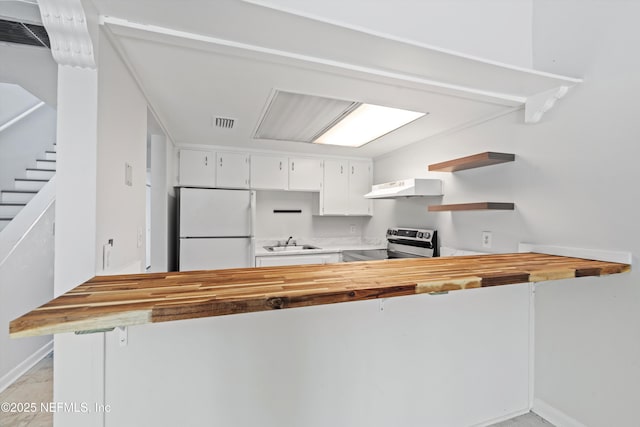 1616 1st St, Neptune Beach, FL 32266 - kitchen with freestanding refrigerator, butcher block counters, stainless steel electric stove, a sink, and under cabinet range hood