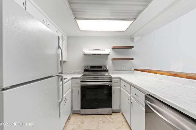 1616 1st St, Neptune Beach, FL 32266 - kitchen featuring stainless steel appliances, under cabinet range hood, open shelves, light marble finish flooring, and white cabinetry