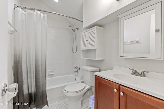 1616 1st St, Neptune Beach, FL 32266 - bathroom featuring shower / bathtub combination with curtain, vanity, toilet, tile patterned flooring, and lofted ceiling