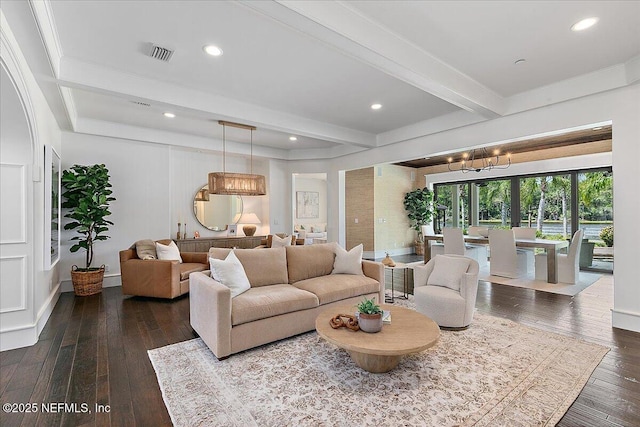 301 S Roscoe Blvd, Ponte Vedra Beach, FL 32082 - living room with dark wood-style flooring, visible vents, beamed ceiling, an inviting chandelier, and recessed lighting