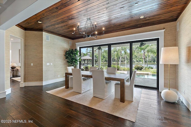 301 S Roscoe Blvd, Ponte Vedra Beach, FL 32082 - dining room featuring a notable chandelier, wood-type flooring, baseboards, wooden ceiling, and visible vents