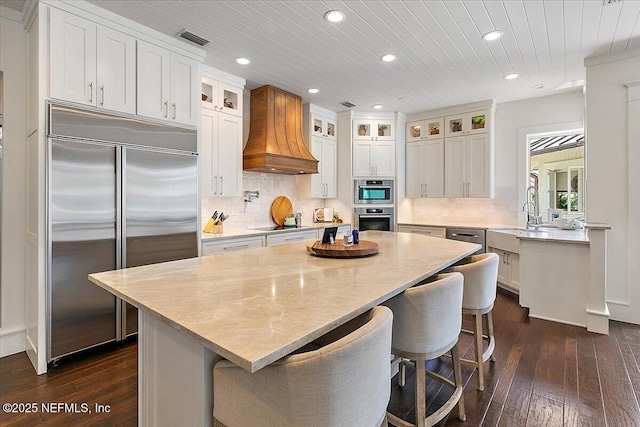 301 S Roscoe Blvd, Ponte Vedra Beach, FL 32082 - kitchen with visible vents, appliances with stainless steel finishes, dark wood finished floors, a sink, and custom exhaust hood