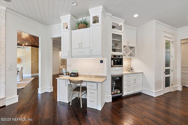 301 S Roscoe Blvd, Ponte Vedra Beach, FL 32082 - office area featuring crown molding, beverage cooler, wood ceiling, and dark wood-type flooring