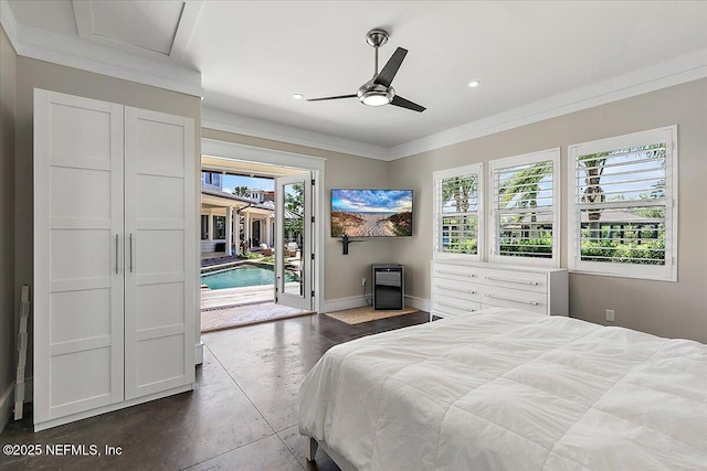 301 S Roscoe Blvd, Ponte Vedra Beach, FL 32082 - bedroom featuring ornamental molding, concrete flooring, access to exterior, baseboards, and recessed lighting