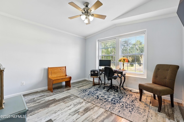 1417 Marlee Rd, Saint Johns, FL 32259 - office featuring vaulted ceiling, wood finished floors, a ceiling fan, crown molding, and baseboards