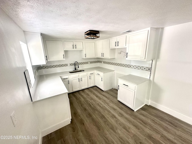 360 Varella Ave, Saint Augustine, FL 32084 - kitchen featuring a sink, a textured ceiling, dark wood-type flooring, baseboards, and white cabinets