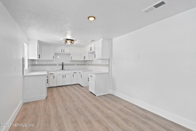 360 Varella Ave, Saint Augustine, FL 32084 - kitchen featuring a sink, baseboards, light wood-style floors, white cabinets, and light countertops