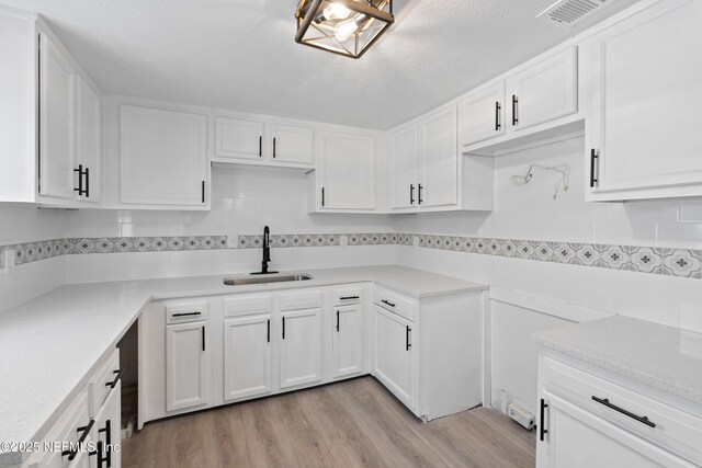 360 Varella Ave, Saint Augustine, FL 32084 - kitchen with a sink, white cabinetry, light wood-type flooring, light countertops, and backsplash