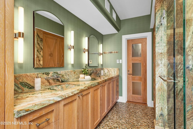 948 Spinnakers Reach Dr, Ponte Vedra Beach, FL 32082 - full bathroom with double vanity and a shower with shower door