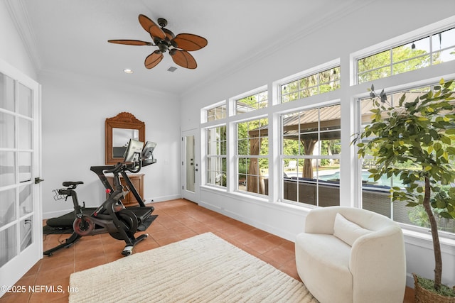 workout room featuring crown molding, baseboards, recessed lighting, tile patterned floors, and a ceiling fan