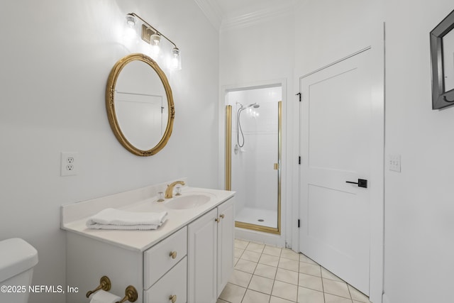 full bath with crown molding, vanity, toilet, and a shower stall