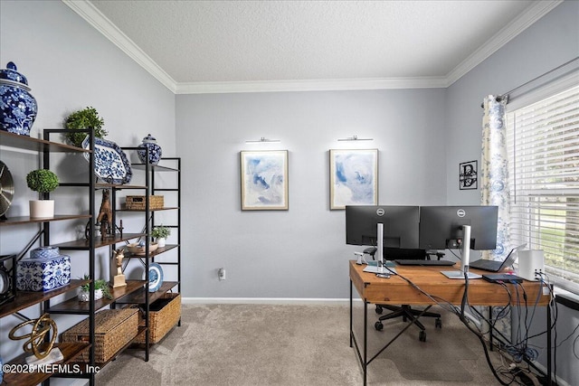 office area with ornamental molding, carpet flooring, baseboards, and a healthy amount of sunlight