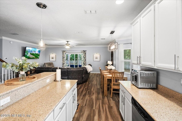 kitchen featuring ornamental molding, a wealth of natural light, dark wood-style floors, and white cabinets