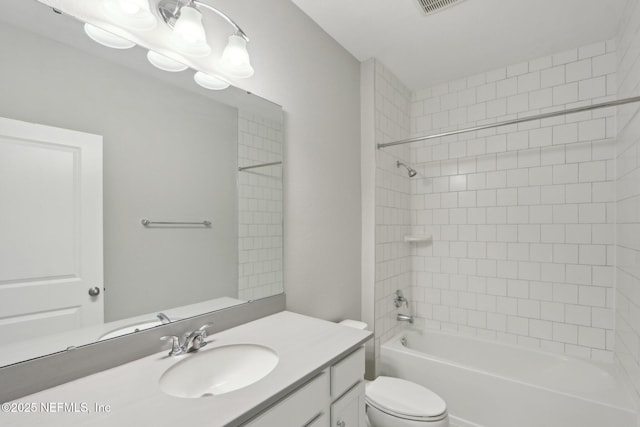full bath with vanity, shower / bath combination, visible vents, and toilet