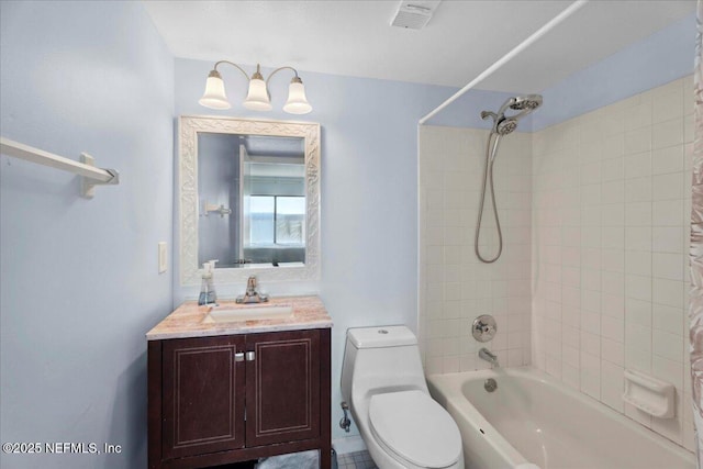full bath featuring visible vents, shower / bathtub combination, toilet, and vanity