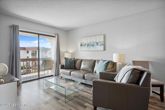 living room with a textured ceiling and wood finished floors