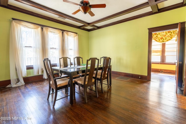 703 Emmett St, Palatka, FL 32177 - dining space with visible vents, coffered ceiling, dark wood-style floors, beam ceiling, and a ceiling fan