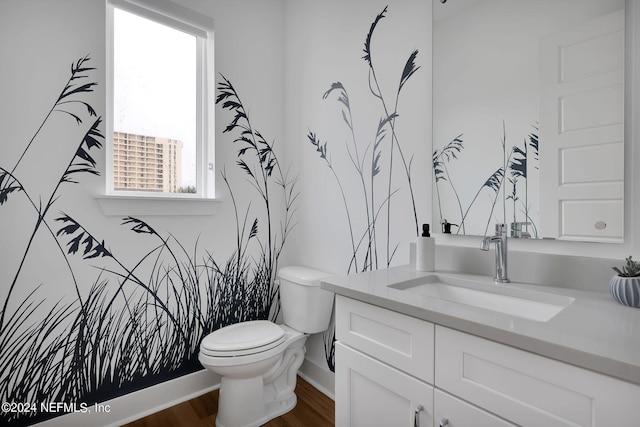 bathroom featuring toilet, vanity, wood finished floors, and baseboards