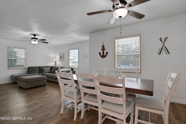 237 Riberia St, Saint Augustine, FL 32084 - dining space with baseboards, a textured ceiling, ceiling fan, and dark wood-style floors