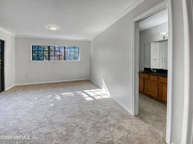 empty room featuring baseboards, ornamental molding, light carpet, and a sink
