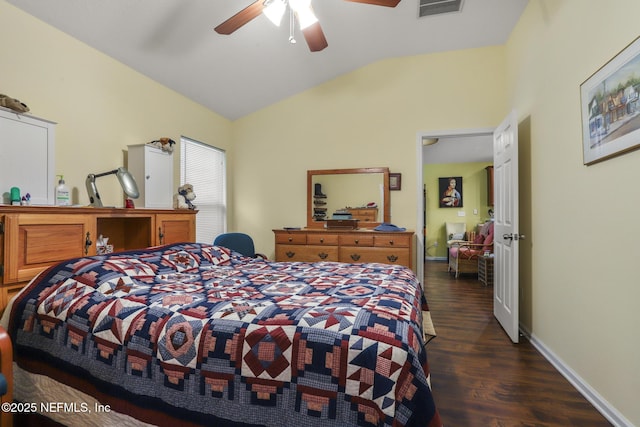 217 N Twin Maple Rd, Saint Augustine, FL 32084 - bedroom with lofted ceiling, ceiling fan, baseboards, visible vents, and dark wood-type flooring