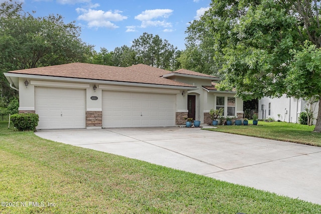4917 Cypress Links Blvd, Elkton, FL 32033 - prairie-style home featuring stucco siding, stone siding, a front lawn, concrete driveway, and a garage