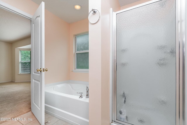 4917 Cypress Links Blvd, Elkton, FL 32033 - full bathroom with a stall shower, a garden tub, tile patterned floors, baseboards, and recessed lighting