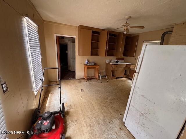 kitchen featuring a healthy amount of sunlight, light floors, ceiling fan, and freestanding refrigerator