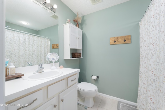 full bath with visible vents, baseboards, toilet, tile patterned floors, and vanity