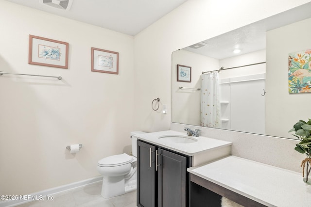 full bath with baseboards, toilet, tile patterned flooring, vanity, and a shower with curtain