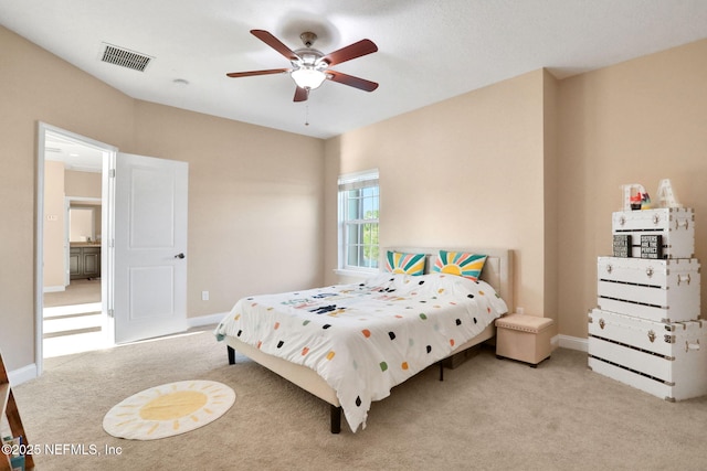 bedroom featuring carpet, visible vents, a ceiling fan, and baseboards