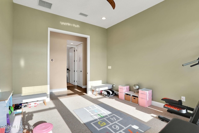 playroom featuring carpet, visible vents, recessed lighting, and baseboards