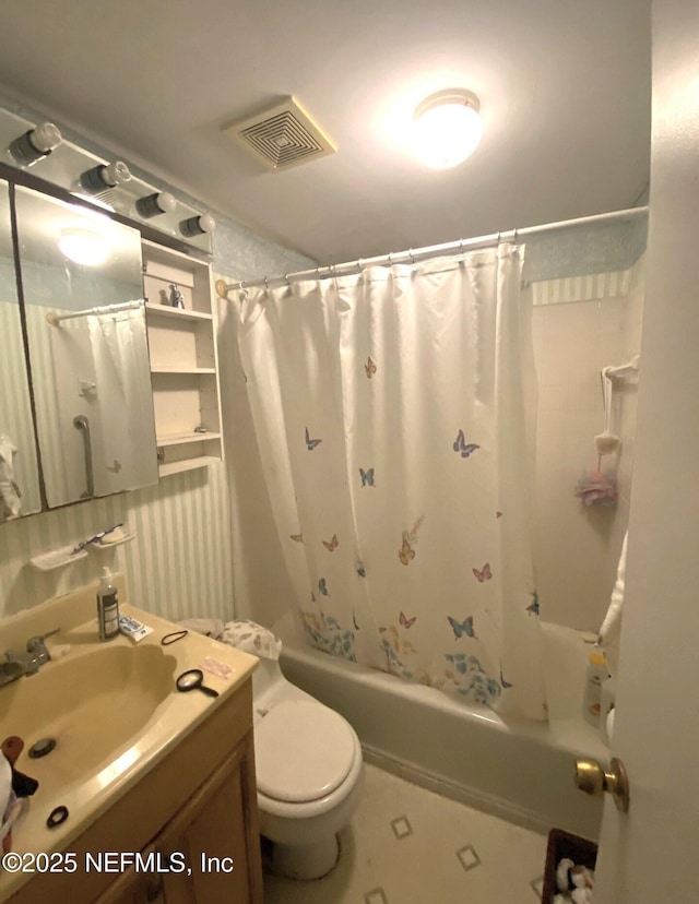 full bath featuring toilet, visible vents, shower / bathtub combination with curtain, and vanity