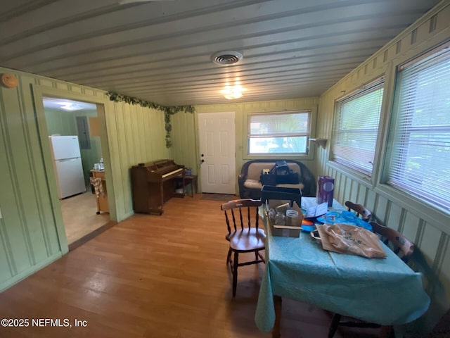 living area with electric panel, wood finished floors, and visible vents