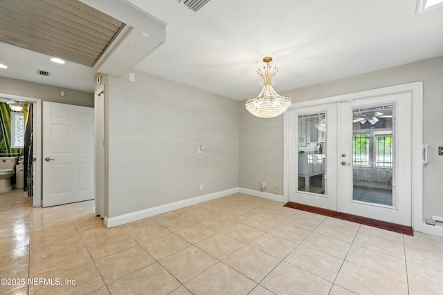 unfurnished dining area featuring light tile patterned flooring, french doors, recessed lighting, baseboards, and visible vents