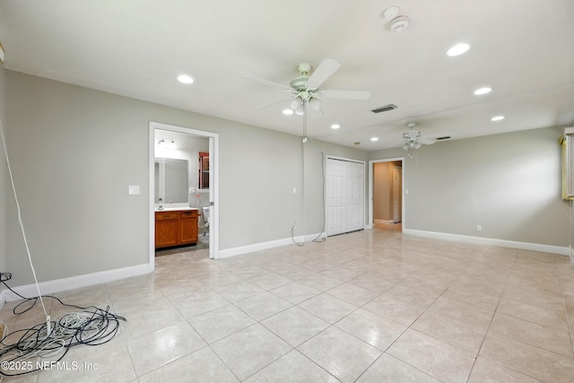 empty room with visible vents, baseboards, ceiling fan, recessed lighting, and light tile patterned floors