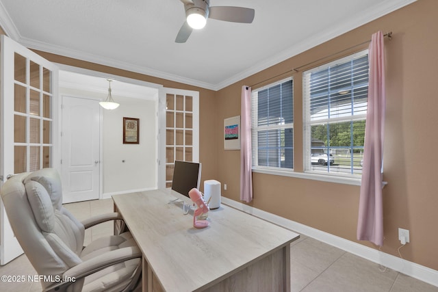 11459 Glenlaurel Oaks Cir, Jacksonville, FL 32257 - home office featuring baseboards, ceiling fan, light tile patterned flooring, and crown molding
