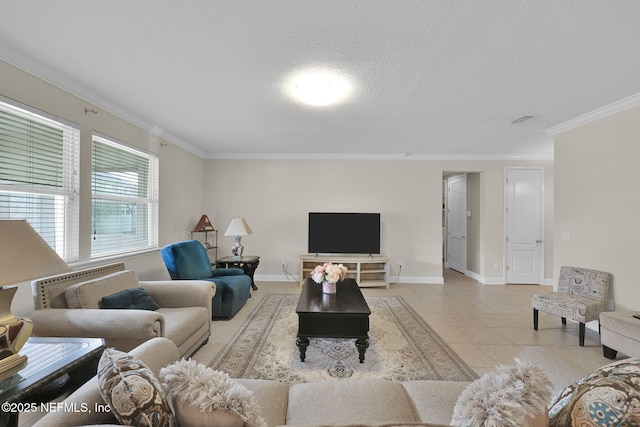 11459 Glenlaurel Oaks Cir, Jacksonville, FL 32257 - living area with baseboards, light tile patterned floors, a textured ceiling, and crown molding