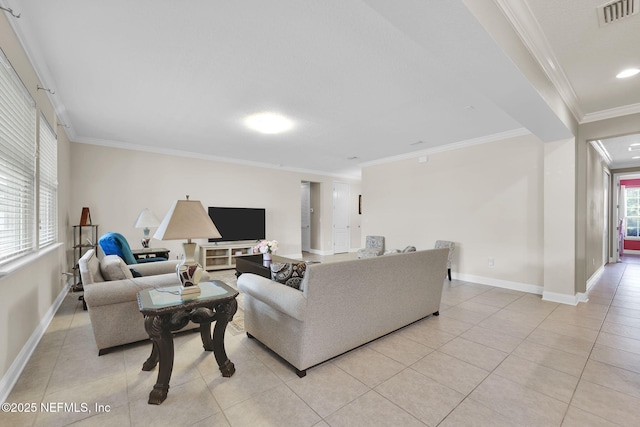 11459 Glenlaurel Oaks Cir, Jacksonville, FL 32257 - living area featuring light tile patterned floors, visible vents, ornamental molding, and baseboards
