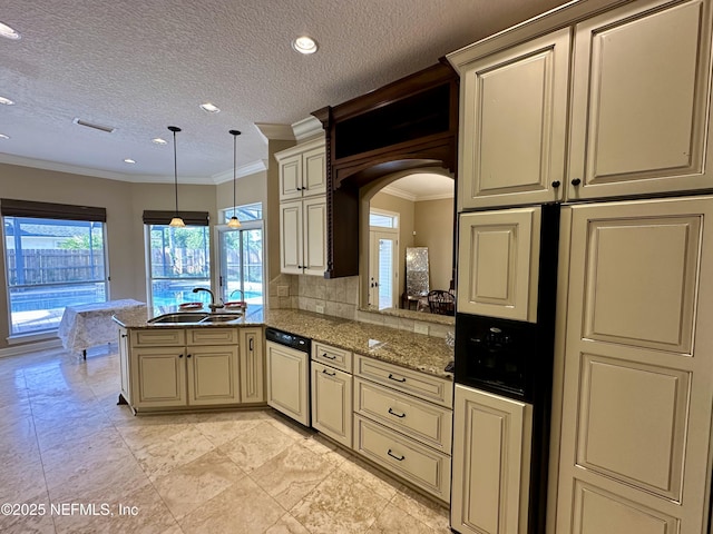 kitchen featuring cream cabinets, crown molding, a sink, and dishwasher