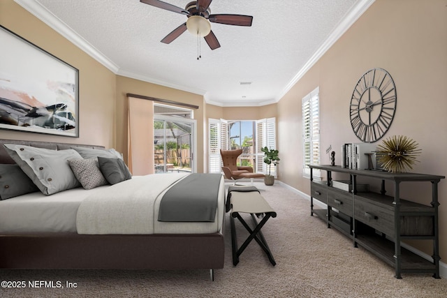 bedroom with light colored carpet, a textured ceiling, crown molding, and baseboards