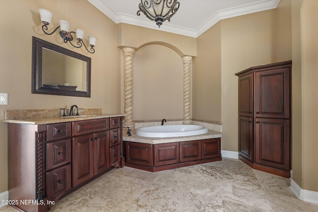 full bath with vanity, ornamental molding, baseboards, ornate columns, and a bath